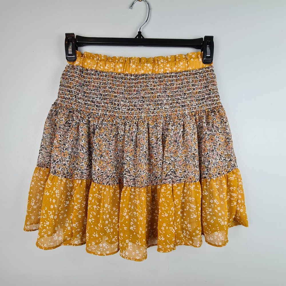 Banana Republic Yellow Floral Boho‎ Smocked Waist Mini Skirt XS Tiered Lined